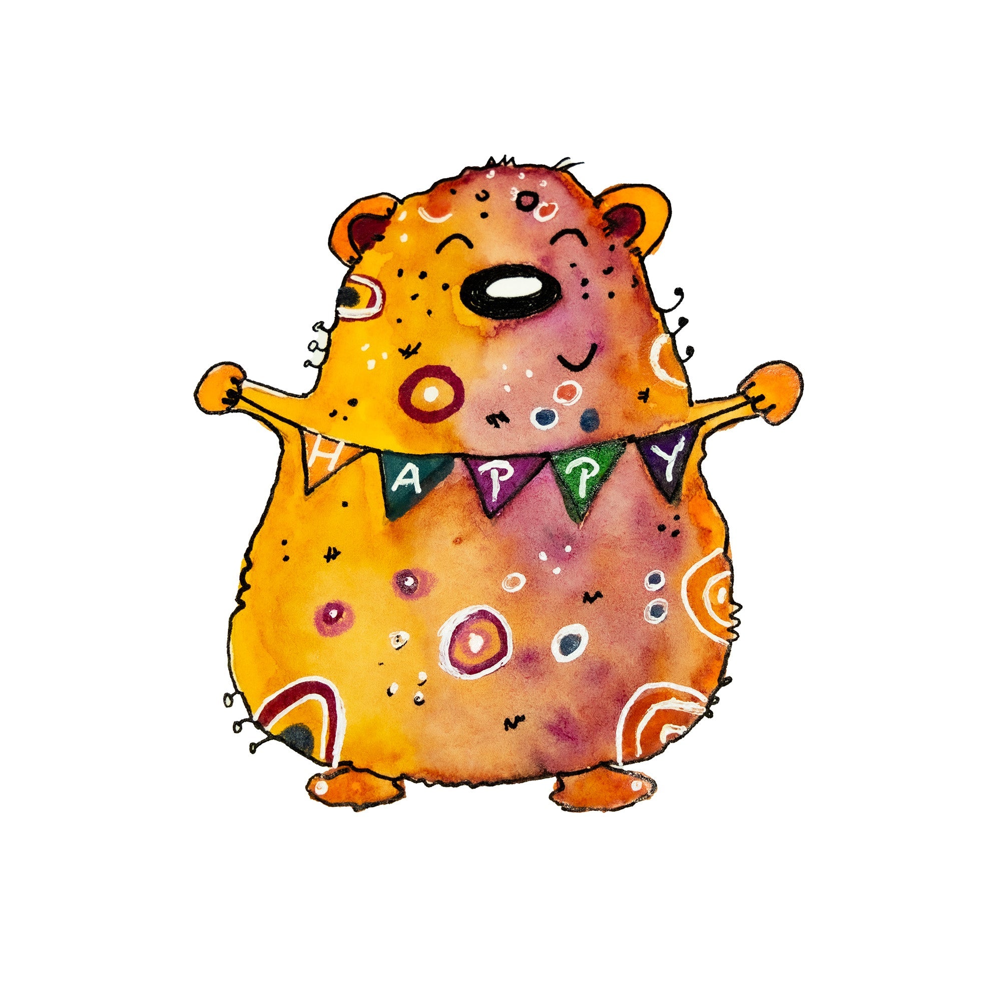 Fröhlicher, orangefarbener Bär mit bunten Mustern hält eine Girlande mit dem Schriftzug HAPPY – verspieltes Cartoon-Design für Kleidung mit positiver Botschaft.