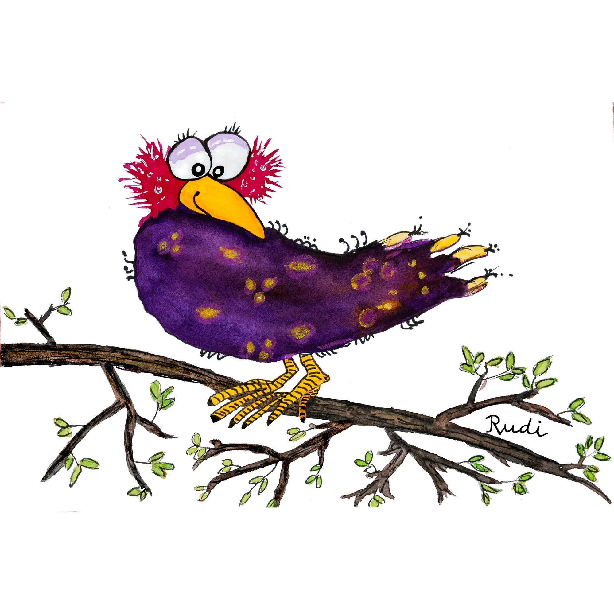 Cartoon-Vogel mit großem gelbem Schnabel, roten Federbüscheln und lila Körper sitzt auf Ast – humorvolles, farbenfrohes Motiv mit dem Namen Rudi.
