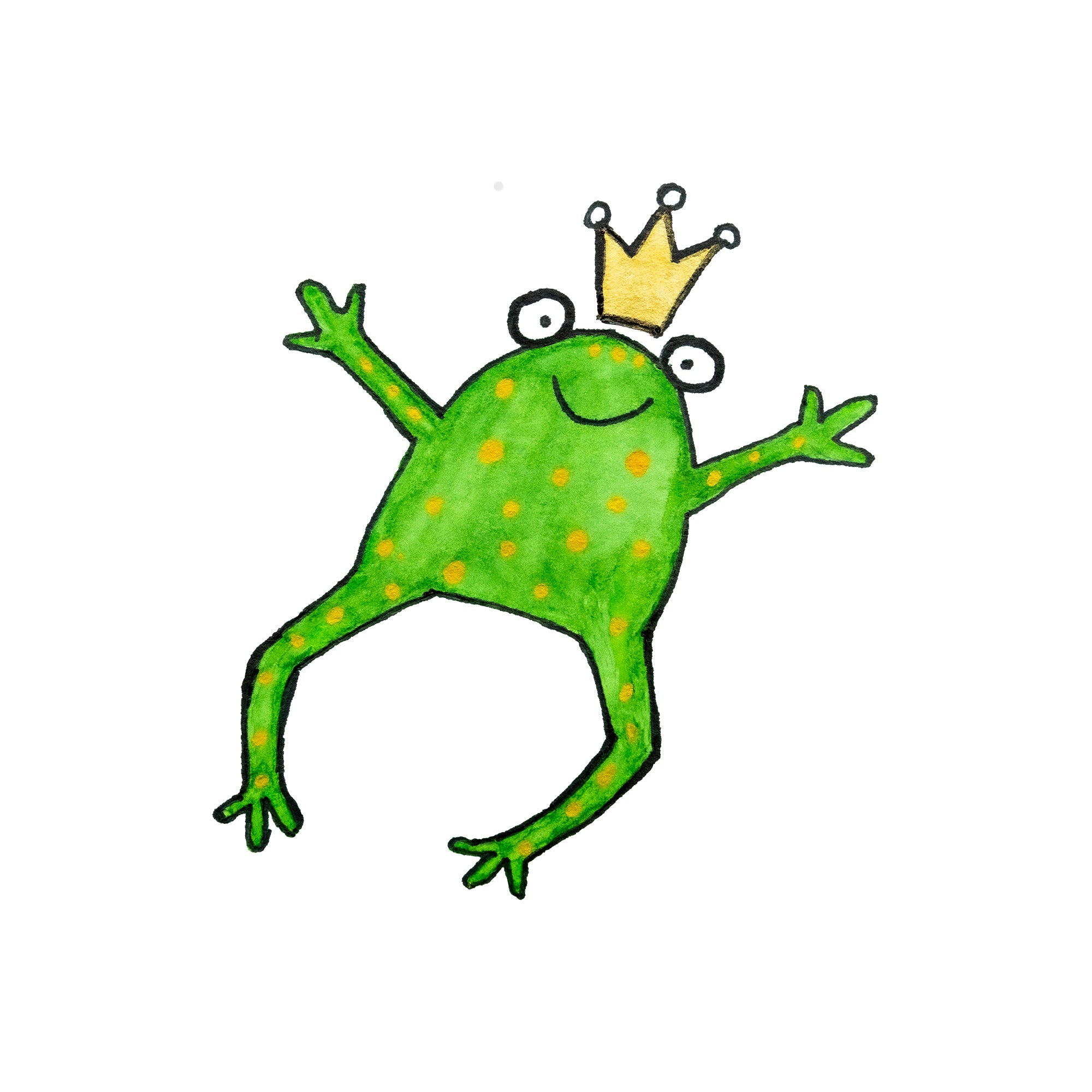 Grüner Frosch mit gelben Punkten und gelber Krone, fröhlich tanzend – verspieltes Cartoon-Motiv mit Märchencharakter.